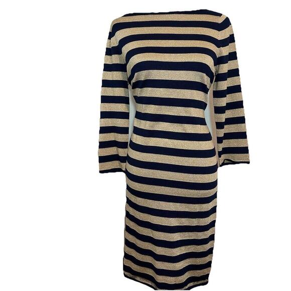 Ralph Lauren Sweater Dress Neutral Metallic Stripes Midi Office Bodycon Casual - Picture 2 of 12